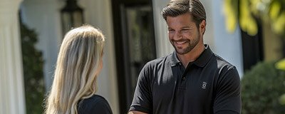 Mann übergibt einer Frau einen Schlüssel vor einem Hauseingang im Freien