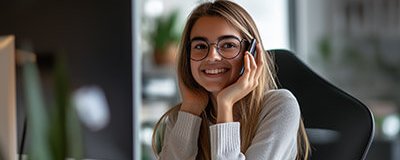 Mitarbeiterin im Büro spricht am Telefon an einem Schreibtisch, im Hintergrund ein Monitor mit ProSicherheit-Logo