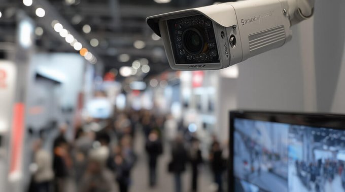 Überwachungskamera über einem Messegang, im Hintergrund unscharfe Besucher und ein Monitor mit Kameraansicht