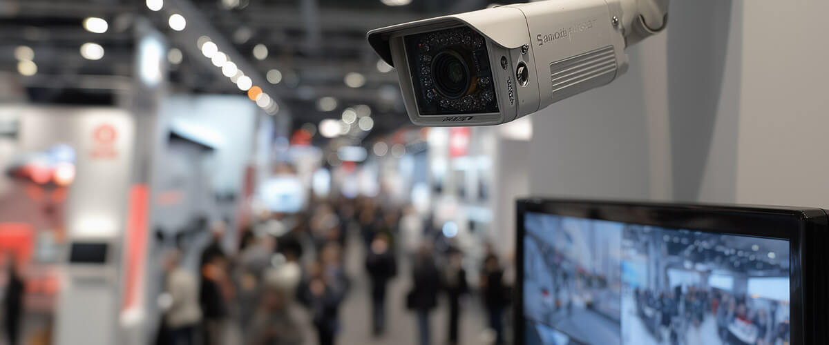 Überwachungskamera über einem Messegang, im Hintergrund unscharfe Besucher und ein Monitor mit Kameraansicht