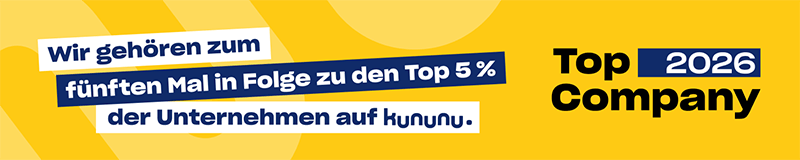 Grafik mit Text zur f&uuml;nften Top-5%-Auszeichnung auf kununu und Logo &bdquo;Top Company 2026&ldquo;