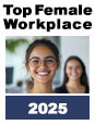 Grafik mit Text "Top Female Workplace" und Jahreszahl 2025, darunter l&auml;chelnde Frau im Vordergrund, Person im Hintergrund