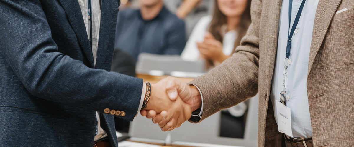 Zwei Männer schütteln sich in einem Konferenzraum die Hand, im Hintergrund sitzen weitere Personen an Tischen.