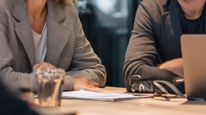 Zwei Personen sitzen am Tisch mit Unterlagen und Laptop in einem Besprechungsraum.