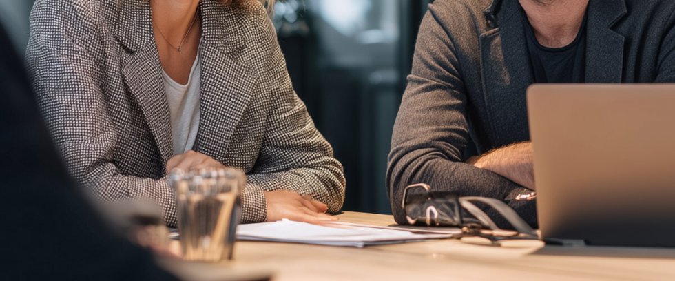 Zwei Personen sitzen am Tisch mit Unterlagen und Laptop in einem Besprechungsraum.