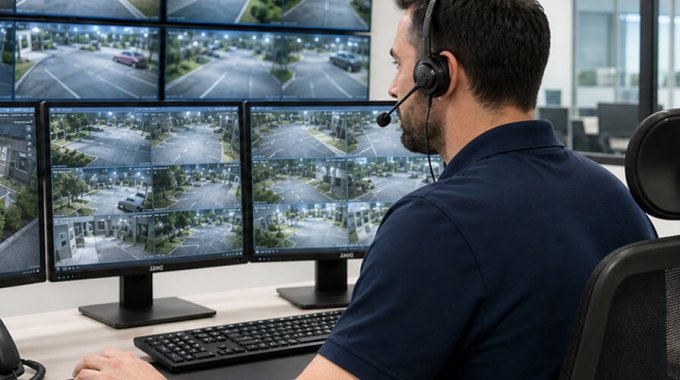 Mitarbeiter in Leitstelle vor Monitoren