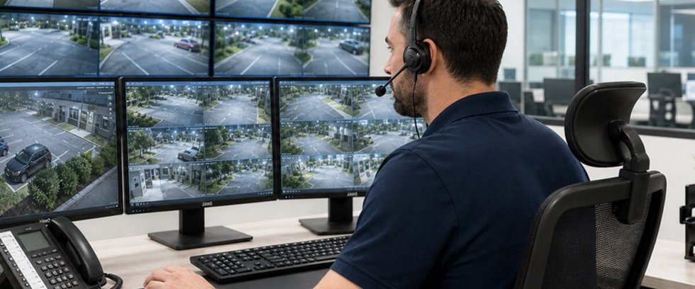 Mitarbeiter in Leitstelle vor Monitoren