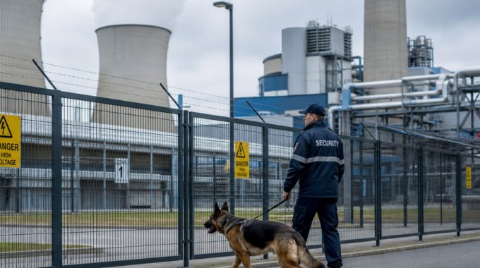 Security Mitarbeiter mit Hund vor Zaun eines Kraftwerkes