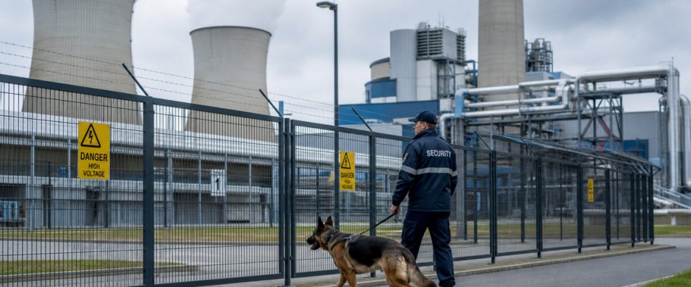 Security Mitarbeiter mit Hund vor Zaun eines Kraftwerkes