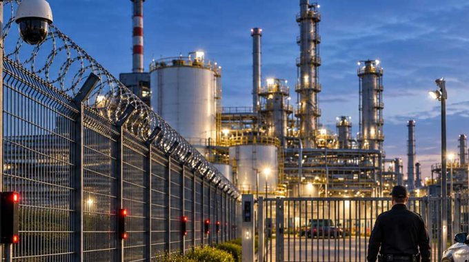 Sicherheitsmitarbeiter vor dem Tor einer großen Industrieanlage mit Kameraüberwachung und Perimeterschutz