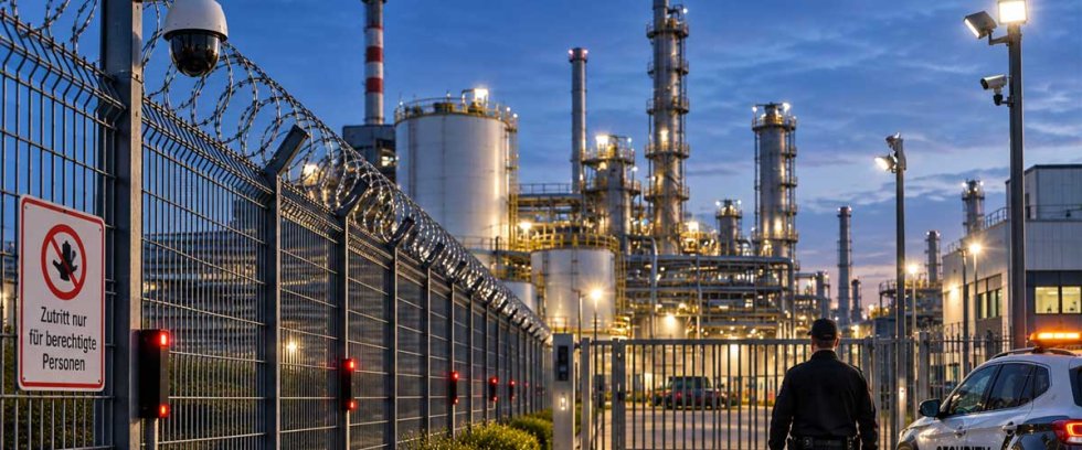 Sicherheitsmitarbeiter vor dem Tor einer großen Industrieanlage mit Kameraüberwachung und Perimeterschutz