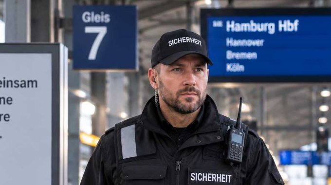 Sicherheitsmitarbeiter auf dem Bahnsteig