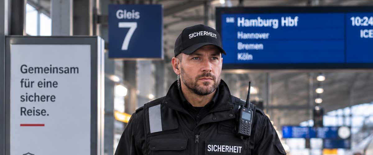 Sicherheitsmitarbeiter auf dem Bahnsteig