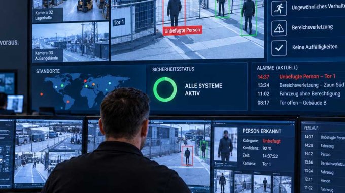 Sicherheitszentrale mit Mitarbeitern vor Monitoren