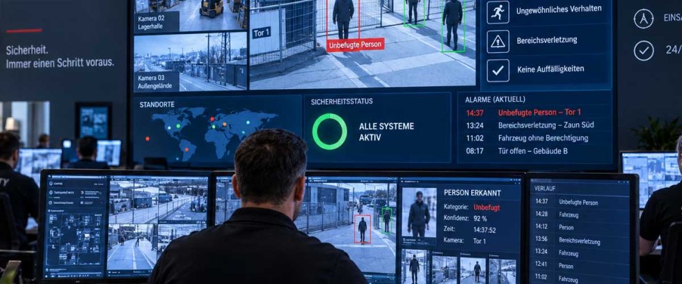 Sicherheitszentrale mit Mitarbeitern vor Monitoren