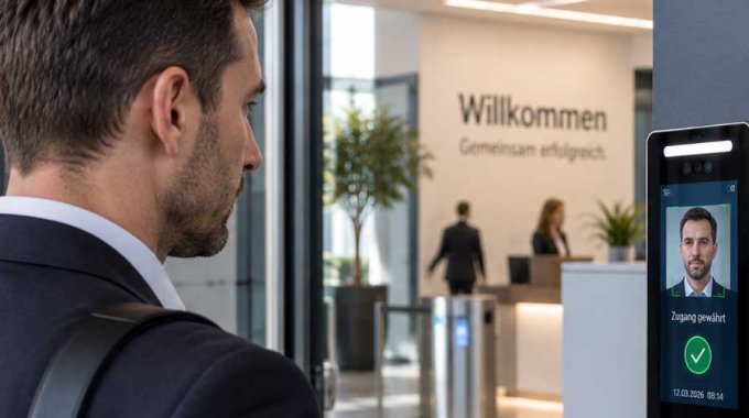 Besucher in einem Eingangsbereich eines Bürogebäudes vor einer biometrischen Zutrittskontrolle mit Gesichtserkennung