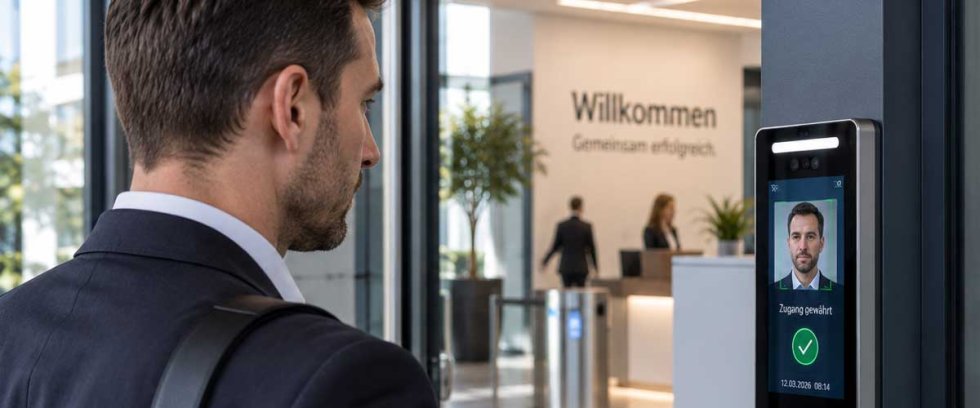 Besucher in einem Eingangsbereich eines B&uuml;rogeb&auml;udes vor einer biometrischen Zutrittskontrolle mit Gesichtserkennung