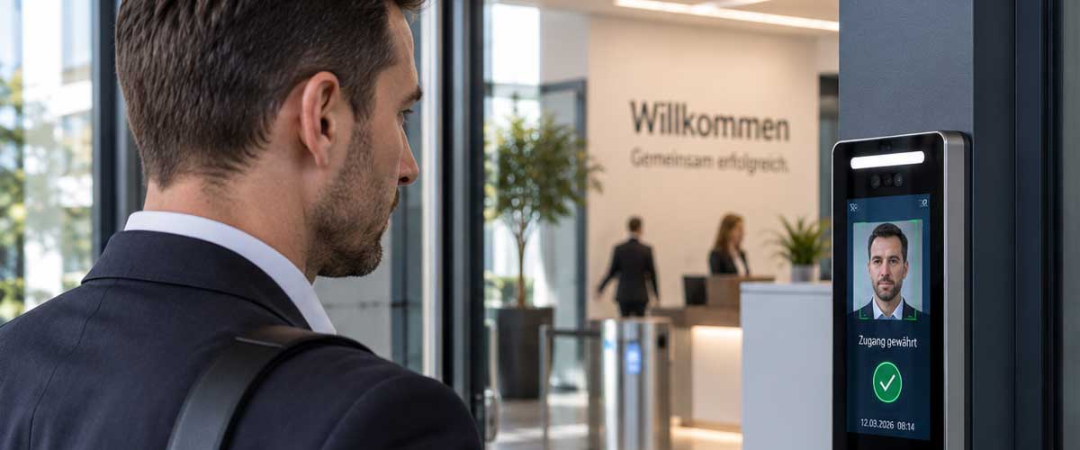 Besucher in einem Eingangsbereich eines B&uuml;rogeb&auml;udes vor einer biometrischen Zutrittskontrolle mit Gesichtserkennung