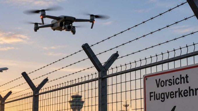 Drohne über Zaun am Fluhafengelände