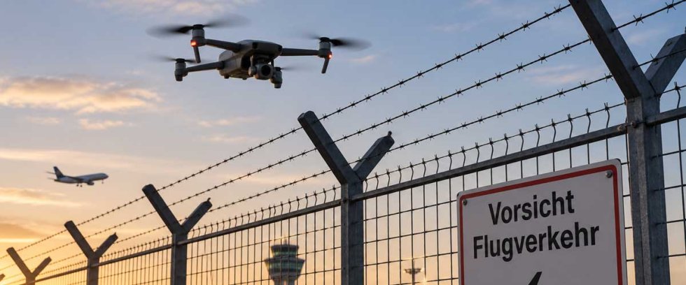 Drohne über Zaun am Fluhafengelände