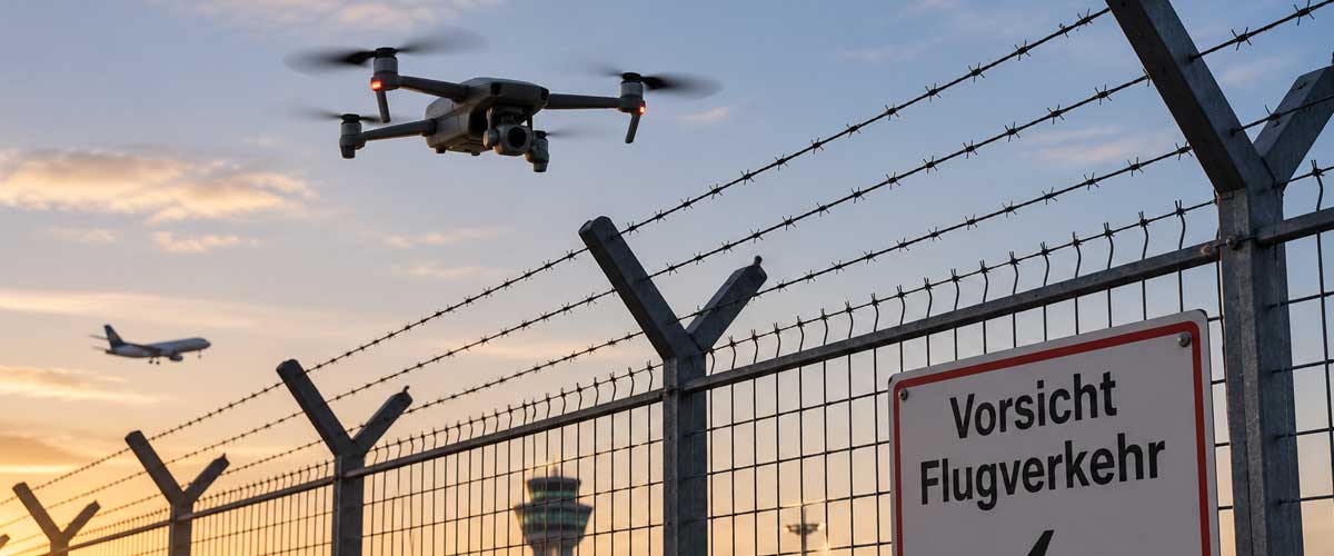Drohne &uuml;ber Zaun am Fluhafengel&auml;nde