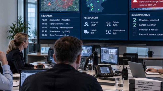 Lagezentrum eines Unternehmens mit mehreren Personen und einer Videowand