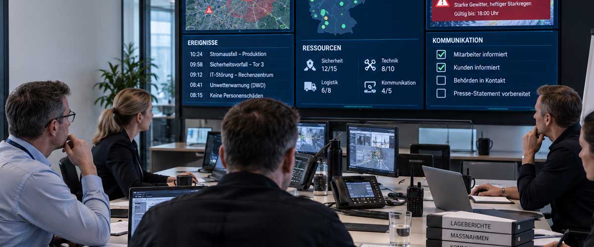 Lagezentrum eines Unternehmens mit mehreren Personen und einer Videowand