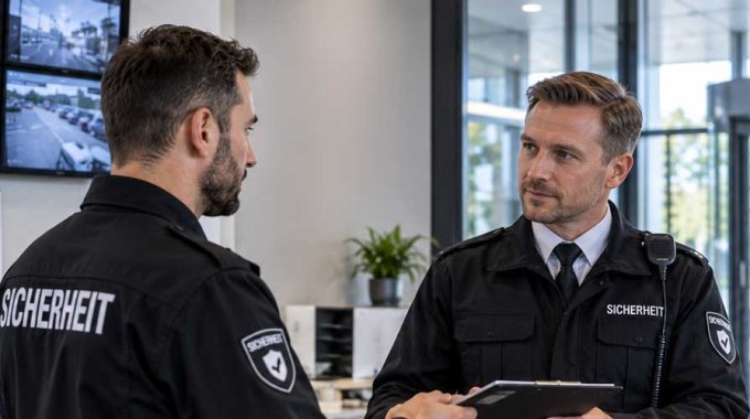 Zwei Sicherheitsmitarbeiter bei der Schichtübergabe im Foyer eines Bürogebäudes