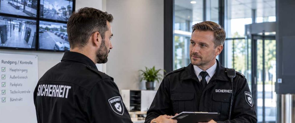 Zwei Sicherheitsmitarbeiter bei der Schicht&uuml;bergabe im Foyer eines B&uuml;rogeb&auml;udes