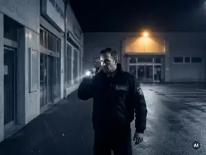 Deutscher Sicherheitsmann in Uniform bei nächtlichem Rundgang vor modernem Gebäude, Taschenlampe durchleuchtet Schatten.