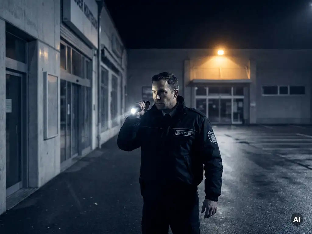 Deutscher Sicherheitsmann in Uniform bei n&auml;chtlichem Rundgang vor modernem Geb&auml;ude, Taschenlampe durchleuchtet Schatten.
